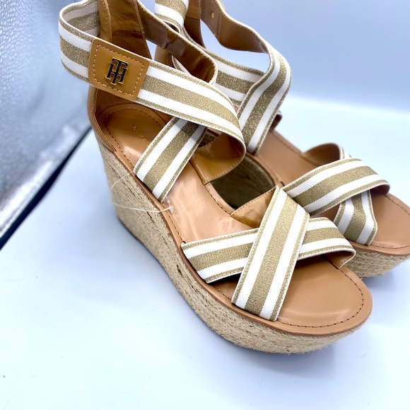 Tommy Hilfiger Theia Gold/White Chunky Straw Espadrille Wedge Sandals NWT Size10 - Picture 3 of 14